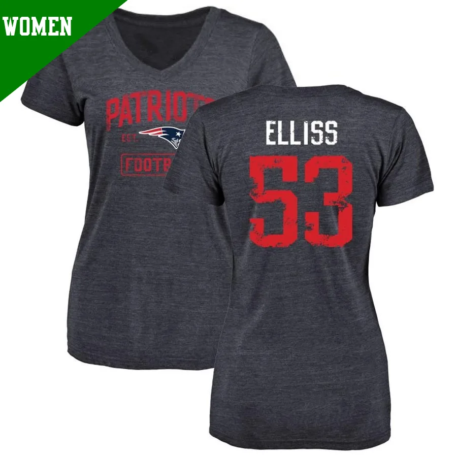 Women's ＃53 Christian Elliss New England Patriots Navy Distressed Name & Number V-Neck T-Shirt