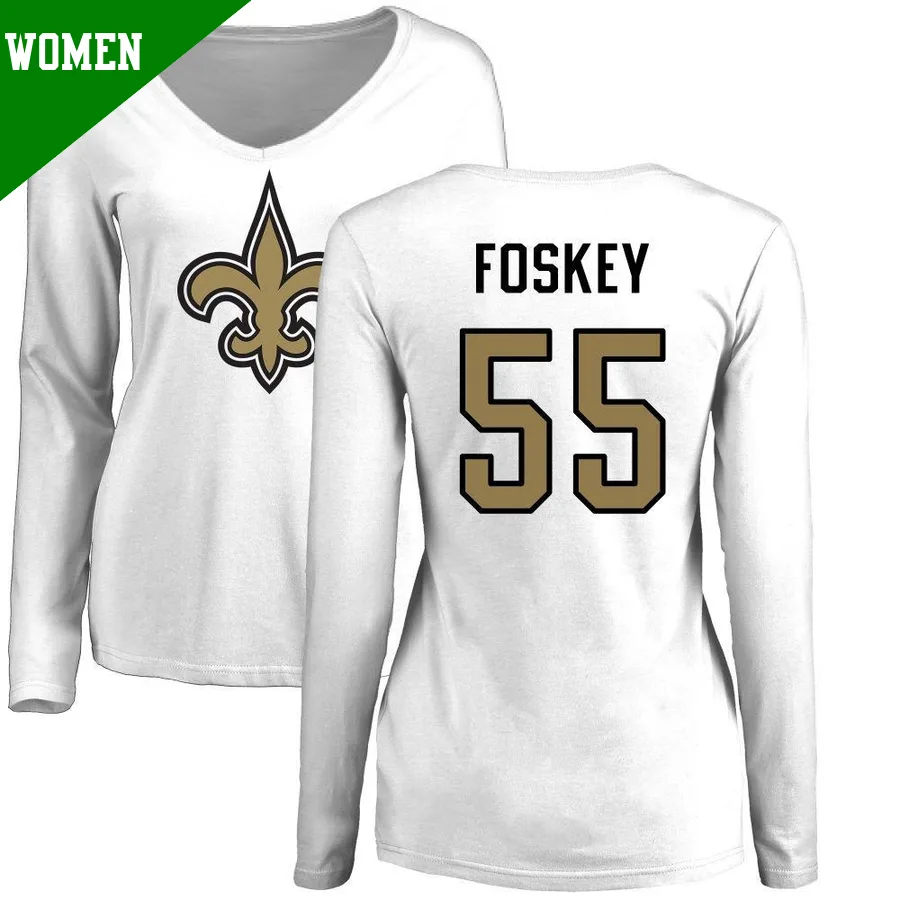 Women's ＃55 Isaiah Foskey New Orleans Saints White Name & Number Logo Slim Fit Long Sleeve T-Shirt