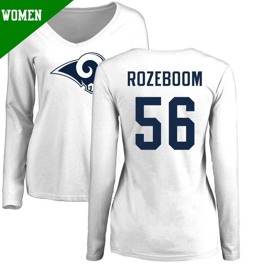 Women's ＃56 Christian Rozeboom Los Angeles Rams White Name & Number Logo Slim Fit Long Sleeve T-Shirt