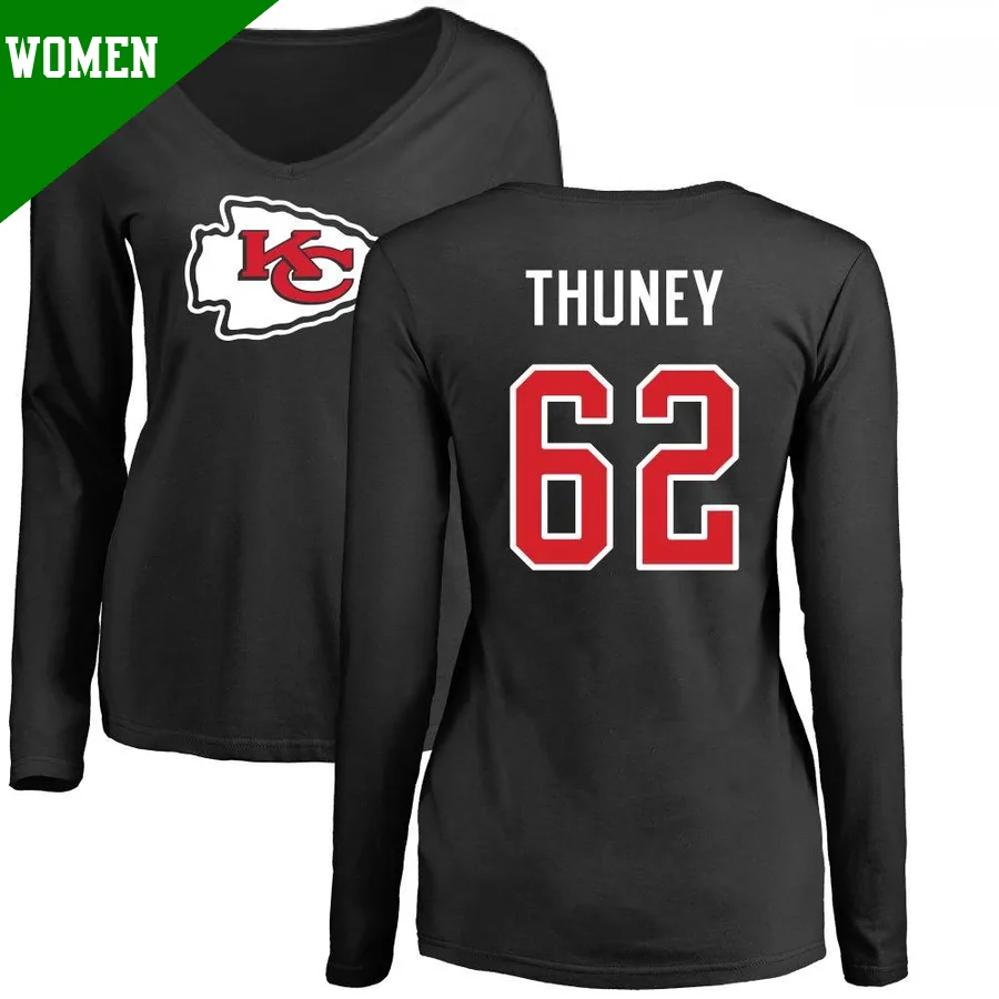 Women's ＃62 Joe Thuney Kansas City Chiefs Black Name & Number Logo Slim Fit Long Sleeve T-Shirt