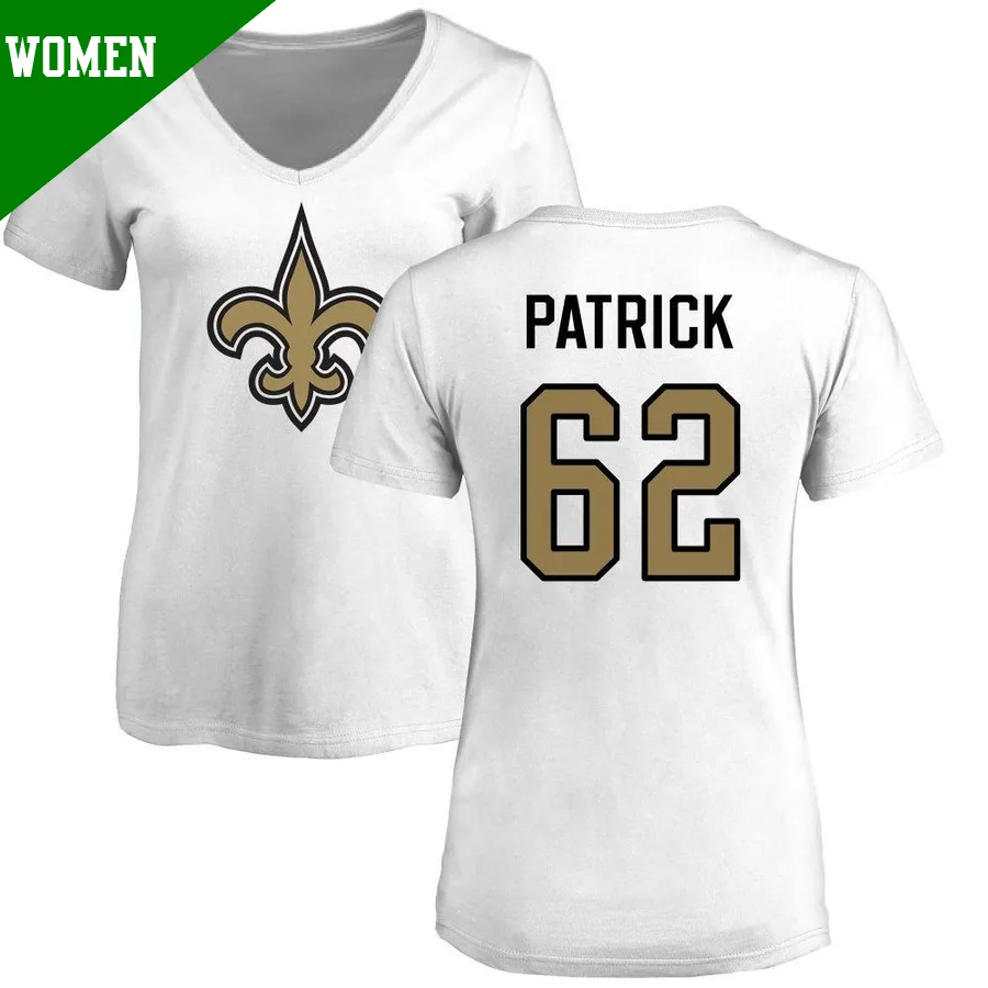 Women's ＃62 Lucas Patrick New Orleans Saints White Name & Number Logo Slim Fit T-Shirt