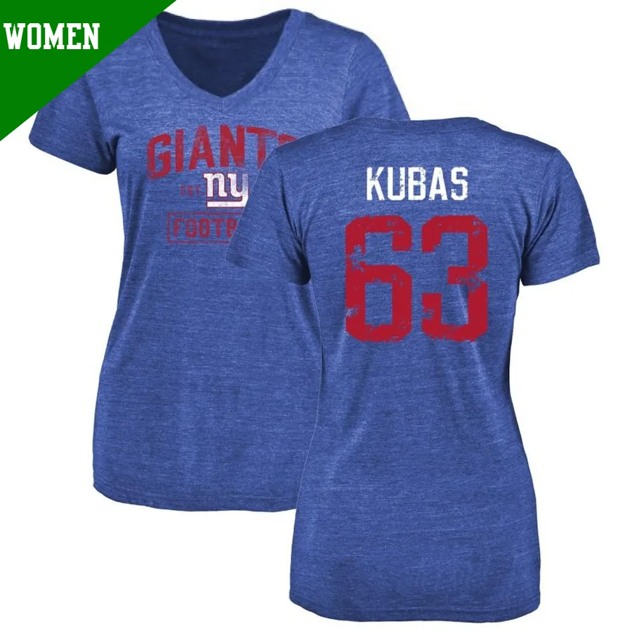 Women's ＃63 Jake Kubas New York Giants Royal Distressed Name & Number T-Shirt