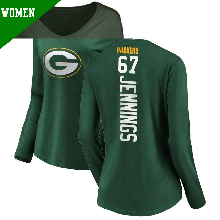 Women's ＃67 Donovan Jennings Green Bay Packers Green Backer Slim Fit Long Sleeve T-Shirt