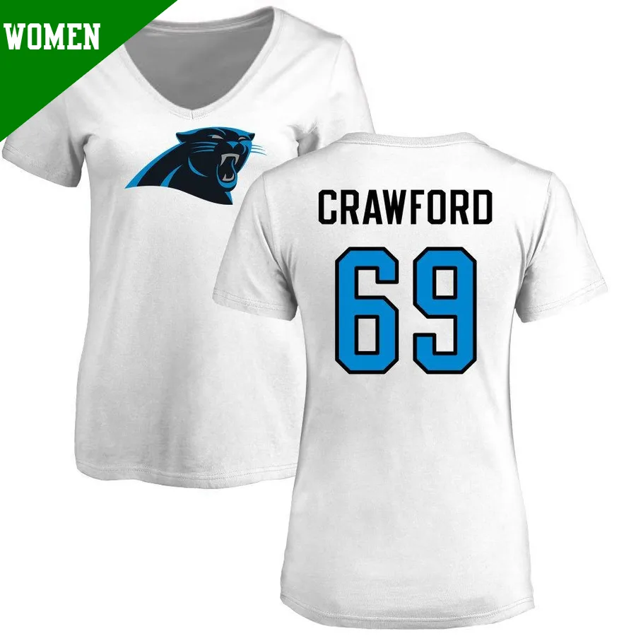 Women's ＃69 Jeremiah Crawford Carolina Panthers White Name & Number Logo Slim Fit T-Shirt