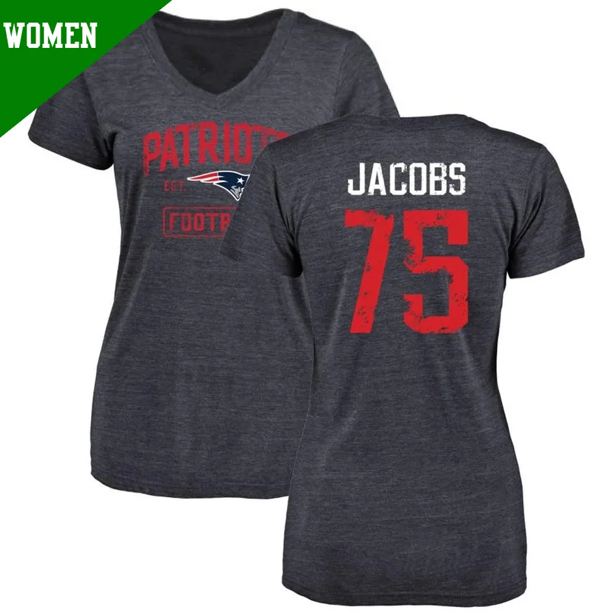 Women's ＃75 Demontrey Jacobs New England Patriots Navy Distressed Name & Number V-Neck T-Shirt