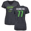 Women's ＃77 Kenneth Odumegwu Seattle Seahawks Navy Distressed Name & Number V-Neck T-Shirt