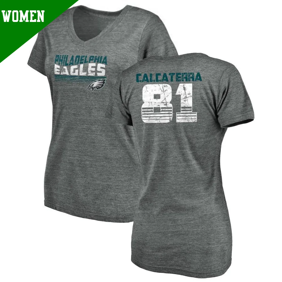 Women's ＃81 Grant Calcaterra Philadelphia Eagles Red Retro V-Neck T-Shirt Heathered Gray