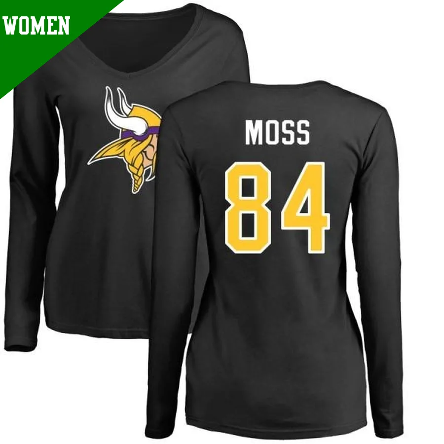 Women's ＃84 Randy Moss Minnesota Vikings Black Name & Number Logo Slim Fit Long Sleeve T-Shirt