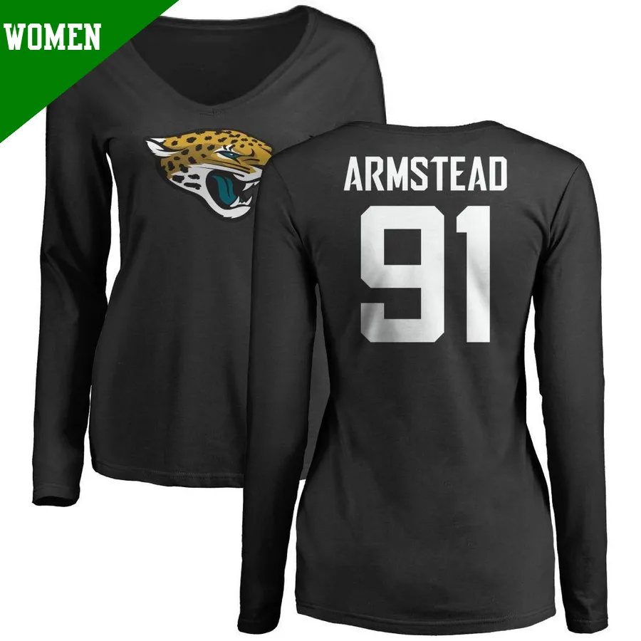 Women's ＃91 Arik Armstead Jacksonville Jaguars Black Name & Number Logo Slim Fit Long Sleeve T-Shirt