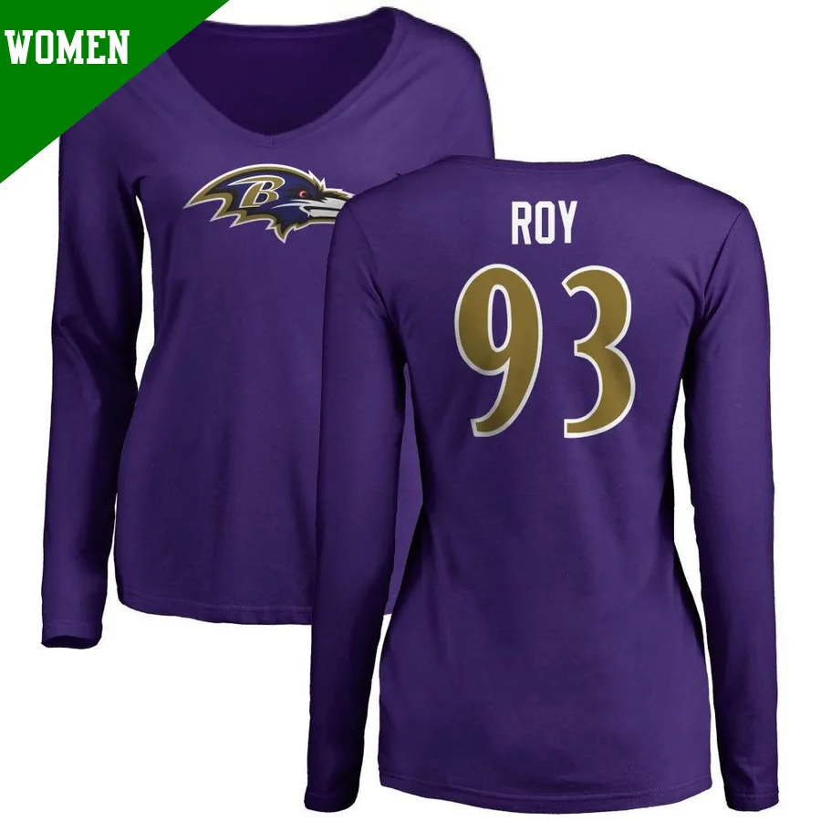 Women's ＃93 Bravvion Roy Baltimore Ravens Purple Name & Number Logo Long Sleeve T-Shirt
