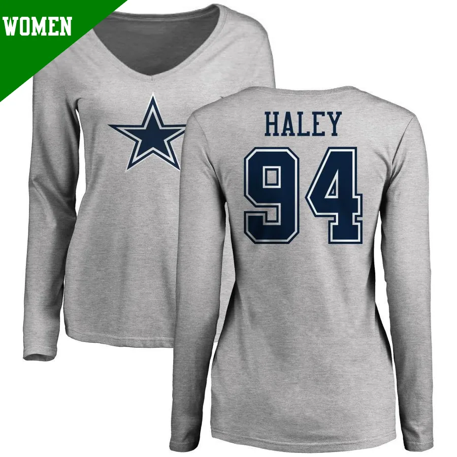 Women's ＃94 Charles Haley Dallas Cowboys Name & Number Logo Long Sleeve T-Shirt Ash