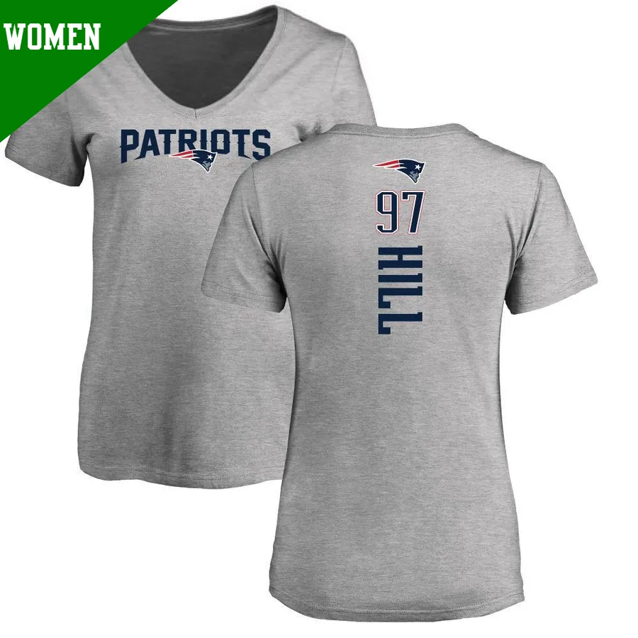 Women's ＃97 Trysten Hill New England Patriots Backer V-Neck T-Shirt Ash