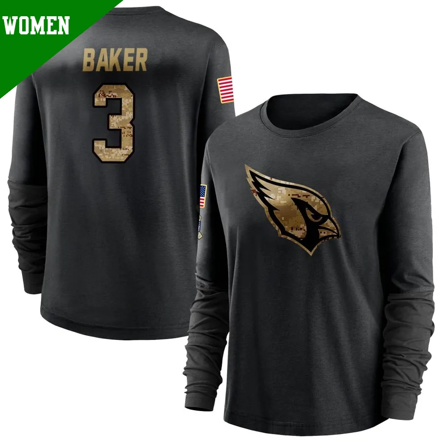 Women's Budda Baker Arizona Cardinals Black ＃3 2020 Salute To Service Sideline Performance Long Sleeve T-Shirt