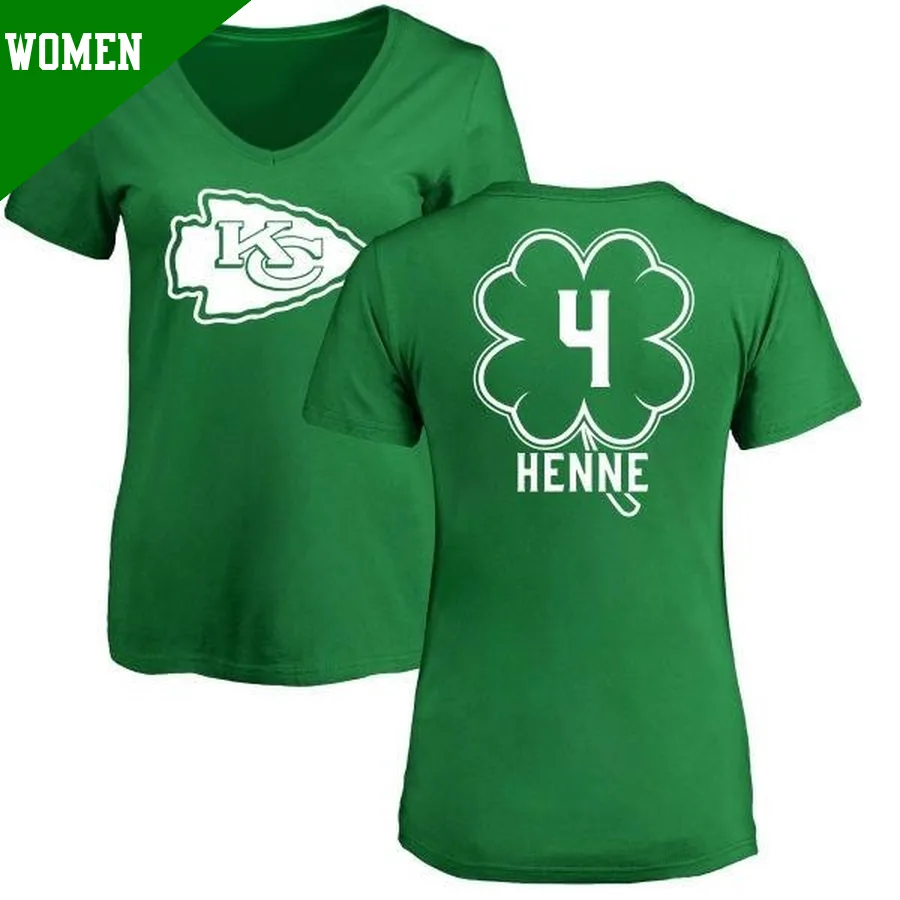 Women's Chad Henne Kansas City Chiefs Green St. Patrick's Day ＃4 Name & Number V-Neck T-Shirt