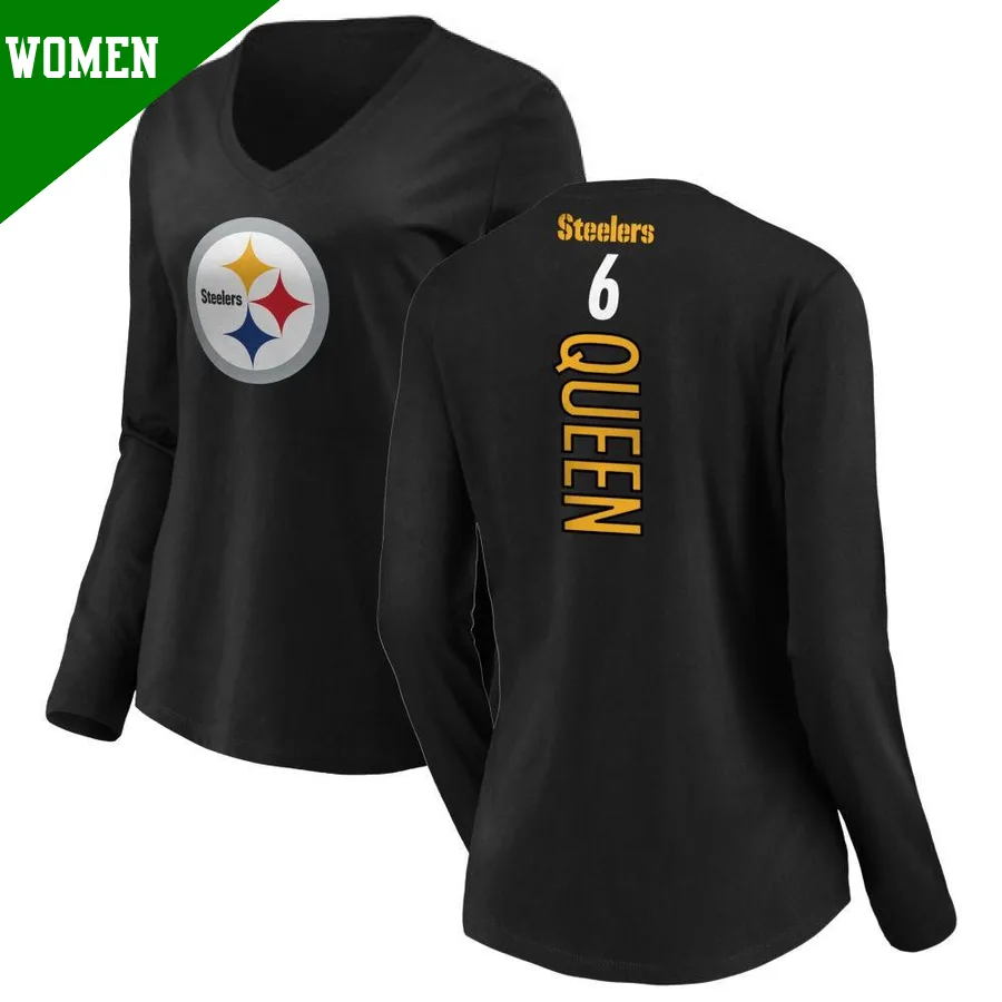 Women's Patrick Queen Pittsburgh Steelers Black ＃6 Backer Slim Fit Long Sleeve T-Shirt