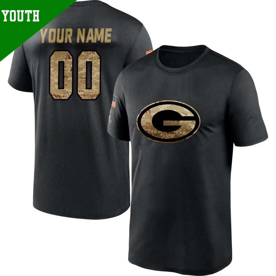 Youth ＃00 Custom Green Bay Packers Black 2020 Salute To Service Performance T-Shirt