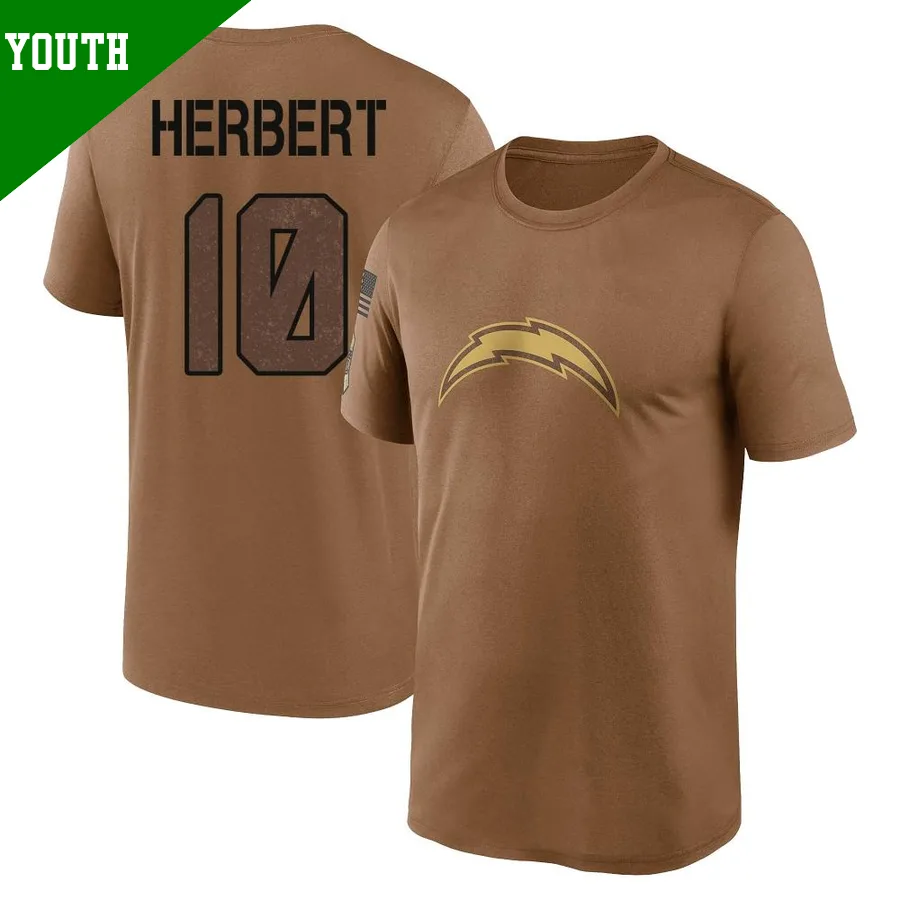 Youth ＃10 Justin Herbert Los Angeles Chargers Brown Legend 2023 Salute To Service Performance T-Shirt