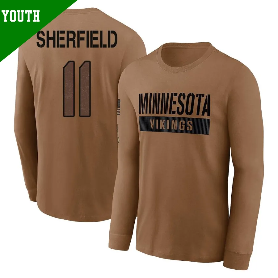 Youth ＃11 Trent Sherfield Sr. Minnesota Vikings Brown 2023 Salute To Service Long Sleeve T-Shirt