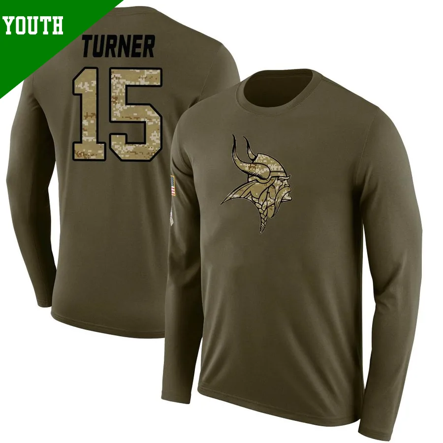 Youth ＃15 Dallas Turner Minnesota Vikings Olive Legend Salute to Service Sideline Long Sleeve T-Shirt