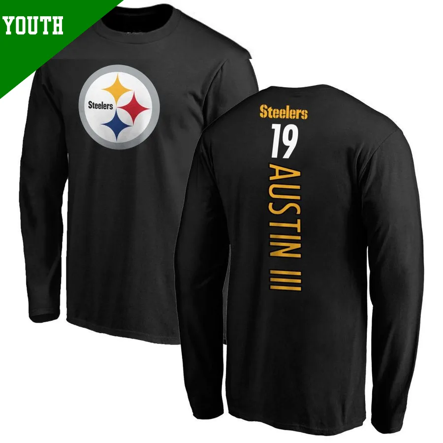 Youth ＃19 Calvin Austin III Pittsburgh Steelers Black Backer Long Sleeve T-Shirt