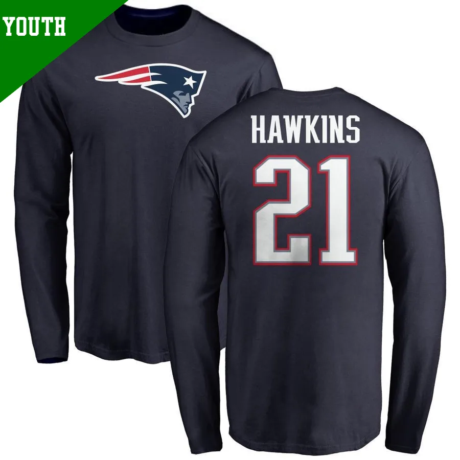 Youth ＃21 Jaylinn Hawkins New England Patriots Navy Name & Number Logo Long Sleeve T-Shirt