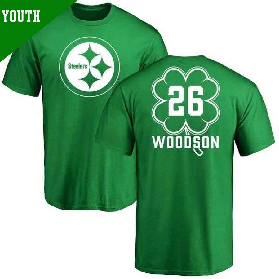 Youth ＃26 Rod Woodson Pittsburgh Steelers Green St. Patrick's Day Name & Number T-Shirt