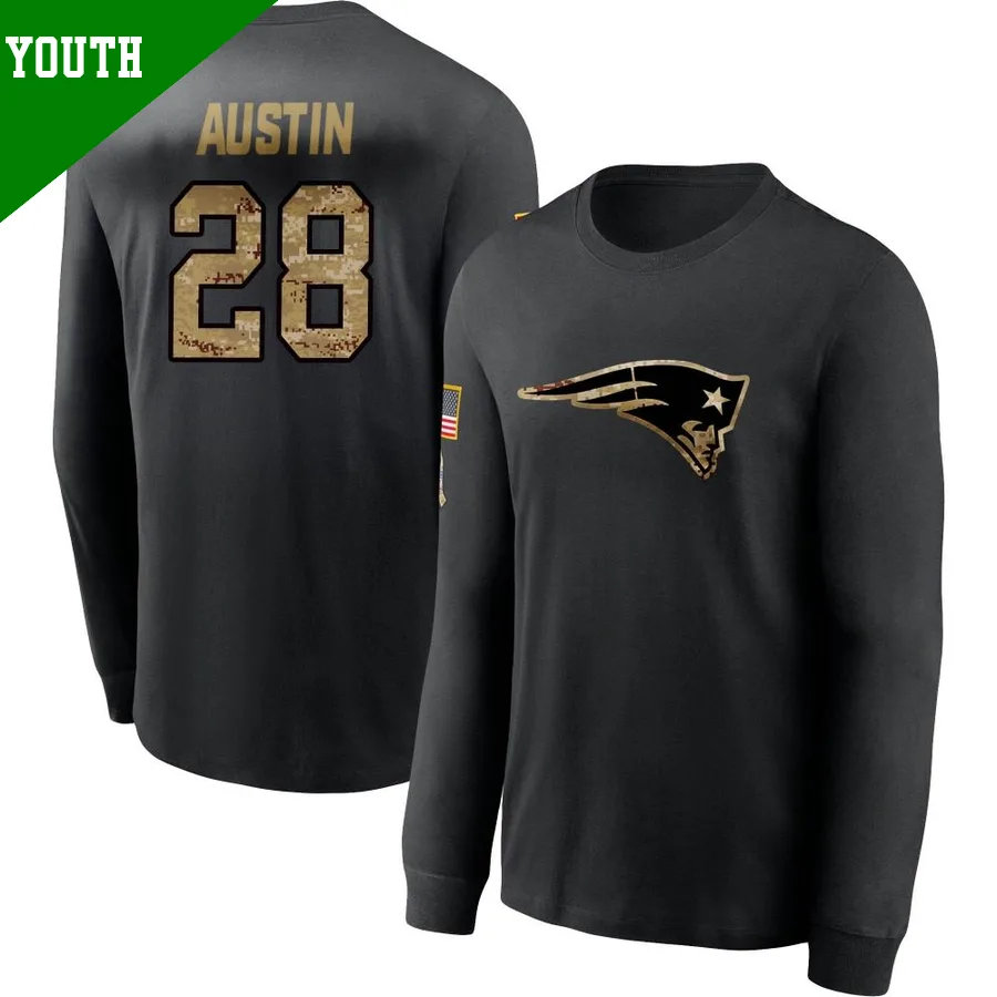 Youth ＃28 Alex Austin New England Patriots Black 2020 Salute To Service Sideline Performance Long Sleeve T-Shirt