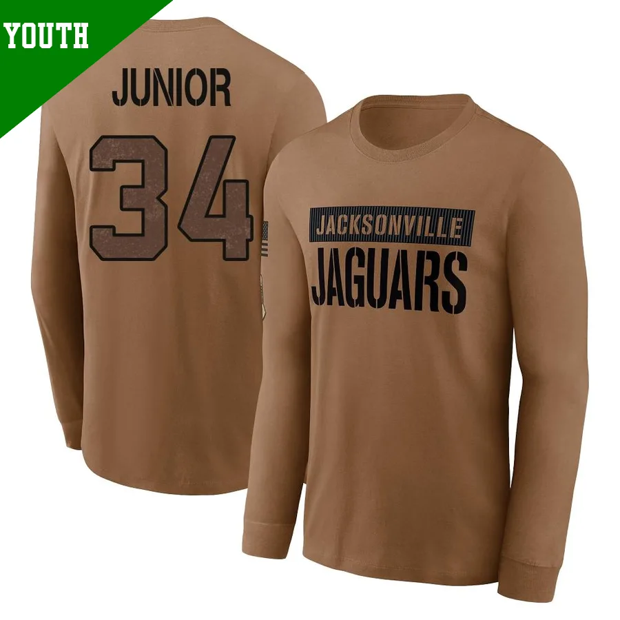 Youth ＃34 Gregory Junior Jacksonville Jaguars Brown 2023 Salute To Service Long Sleeve T-Shirt
