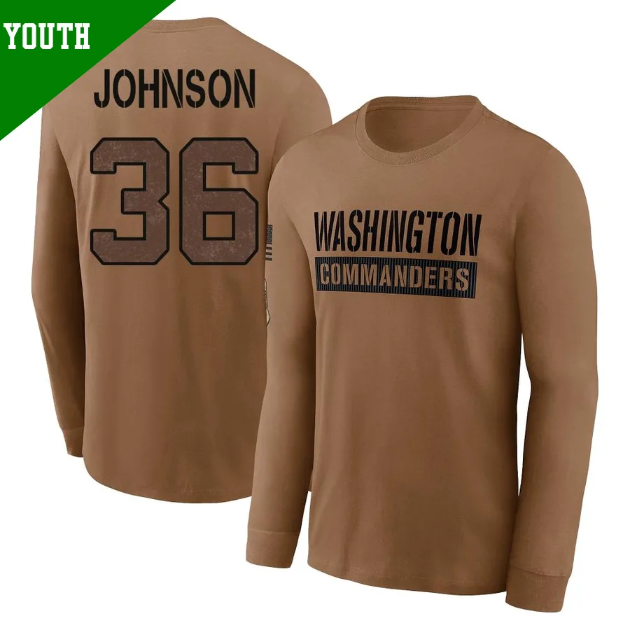 Youth ＃36 Danny Johnson Washington Commanders Brown 2023 Salute To Service Long Sleeve T-Shirt