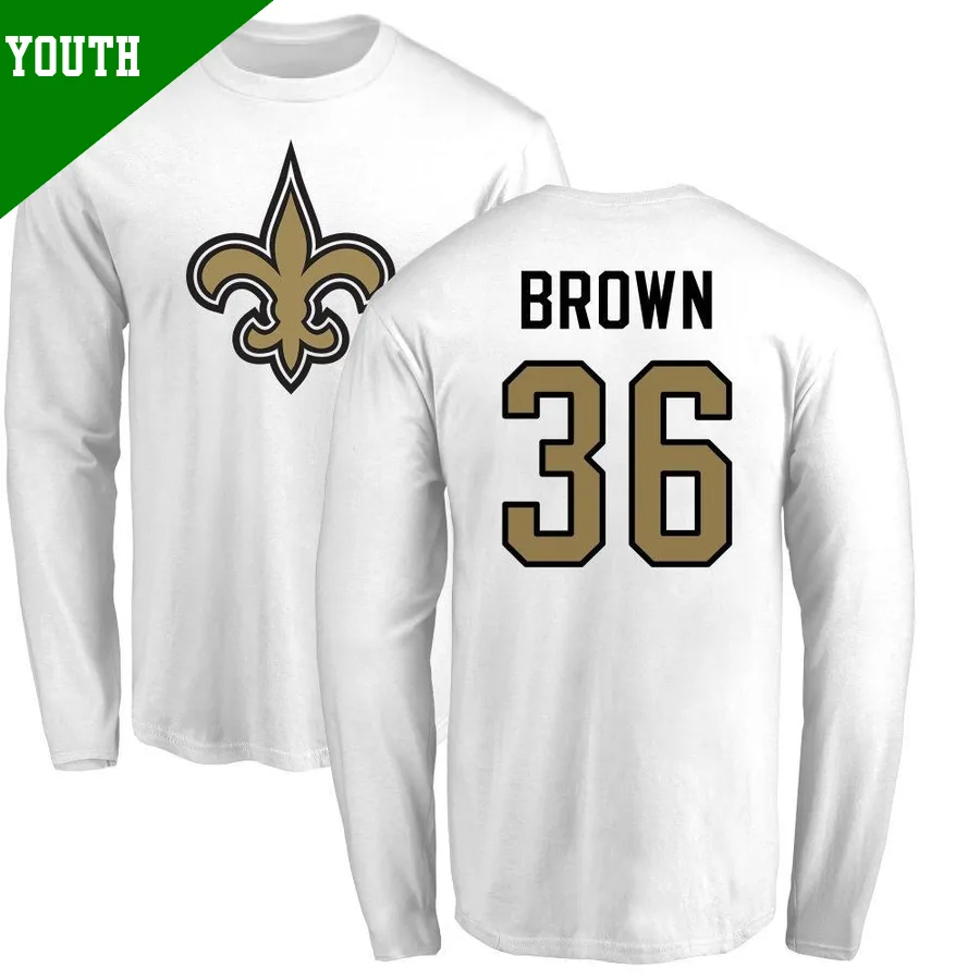Youth ＃36 Jordan Brown New Orleans Saints White Name & Number Logo Long Sleeve T-Shirt