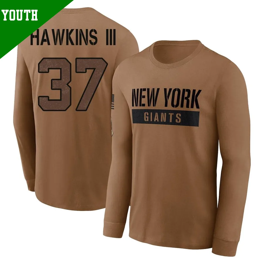 Youth ＃37 Tre Hawkins III New York Giants Brown 2023 Salute To Service Long Sleeve T-Shirt