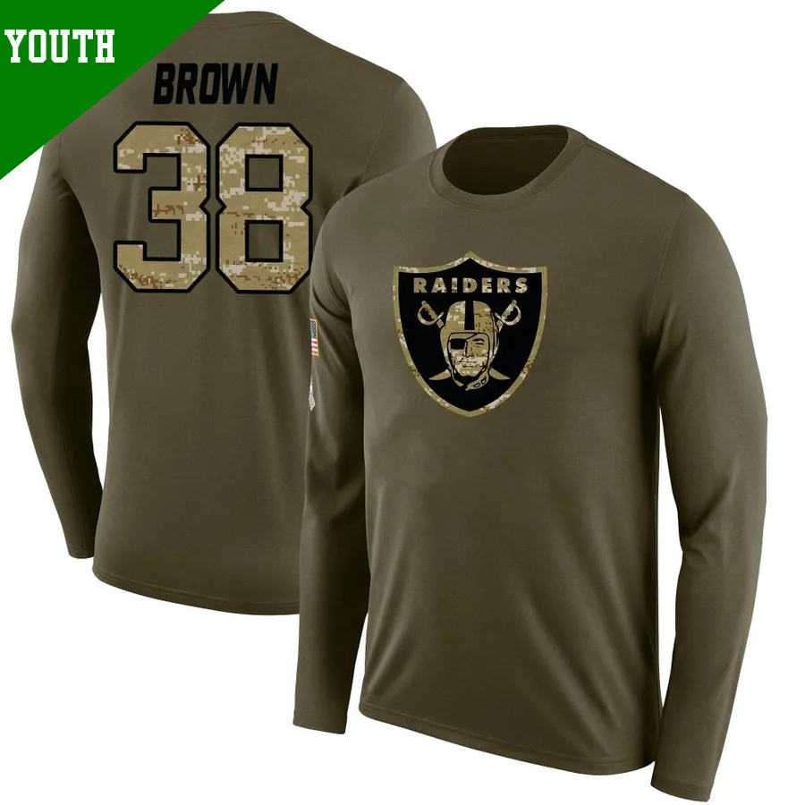 Youth ＃38 Brittain Brown Las Vegas Raiders Olive Legend Salute to Service Sideline Long Sleeve T-Shirt