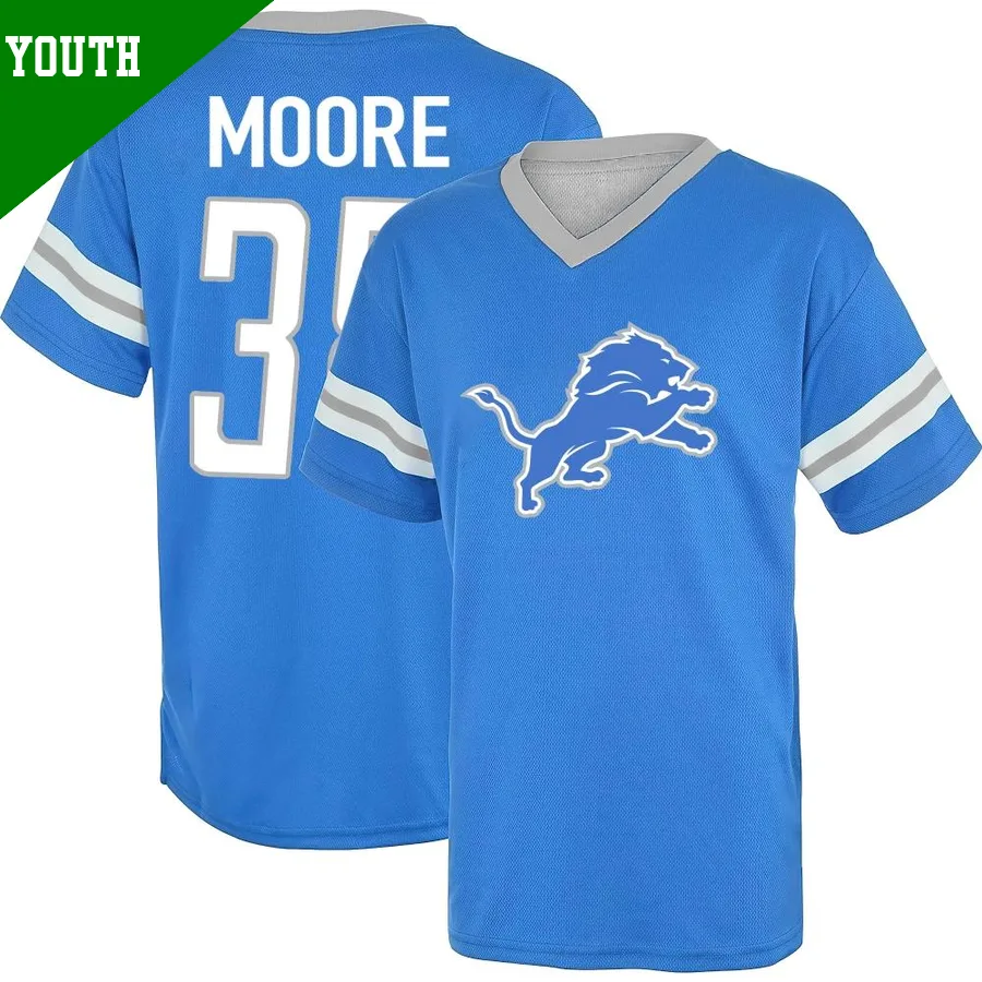 Youth ＃38 C.J. Moore Detroit Lions Blue Game Los Name & Number Day V-Neck T-Shirt