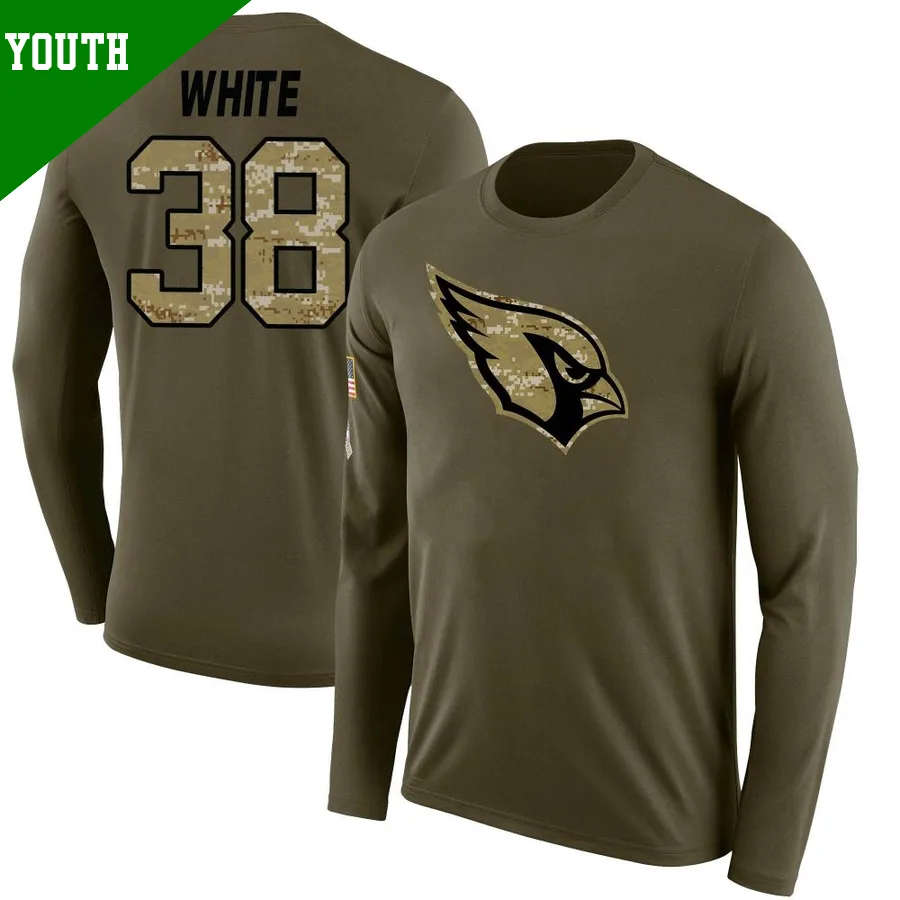 Youth ＃38 Quavian White Arizona Cardinals Olive Legend Salute to Service Sideline Long Sleeve T-Shirt