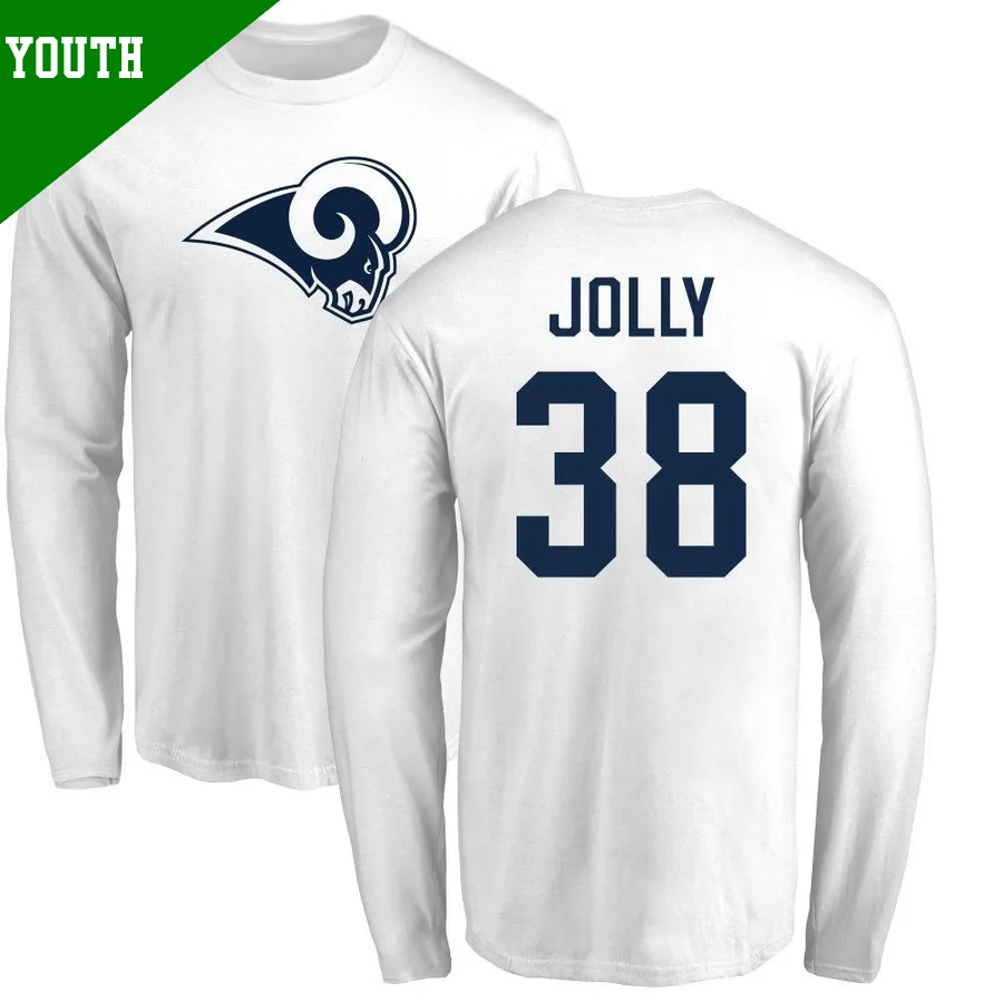 Youth ＃38 Shaun Jolly Los Angeles Rams White Name & Number Logo Long Sleeve T-Shirt