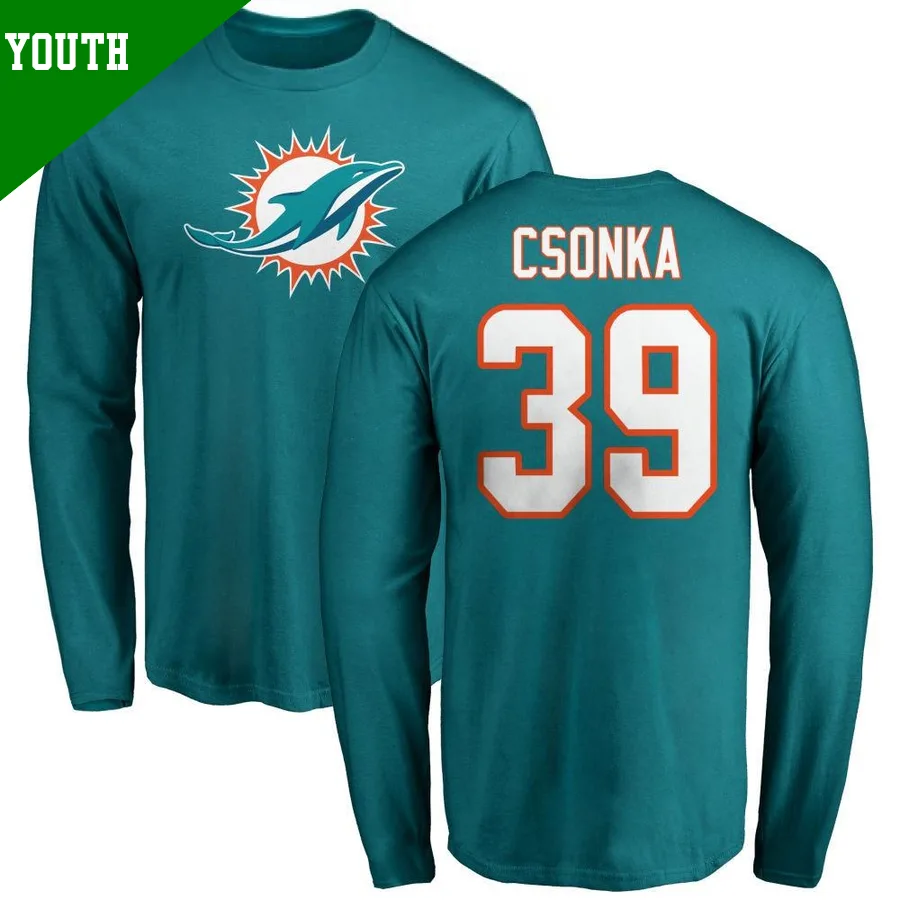 Youth ＃39 Larry Csonka Miami Dolphins Aqua Name & Number Logo Long Sleeve T-Shirt