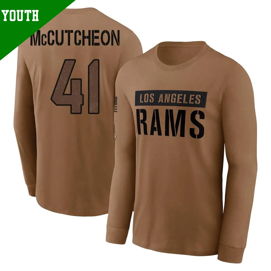 Youth ＃41 Cameron McCutcheon Los Angeles Rams Brown 2023 Salute To Service Long Sleeve T-Shirt