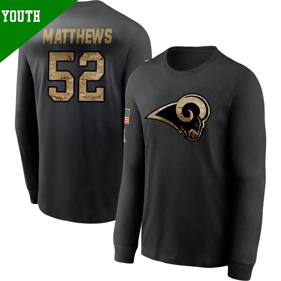 Youth ＃52 Clay Matthews Los Angeles Rams Black 2020 Salute To Service Sideline Performance Long Sleeve T-Shirt