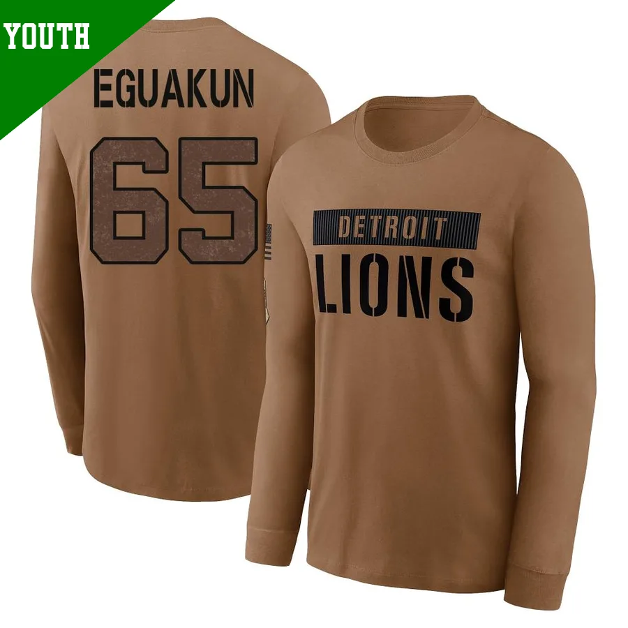 Youth ＃65 Kingsley Eguakun Detroit Lions Brown 2023 Salute To Service Long Sleeve T-Shirt