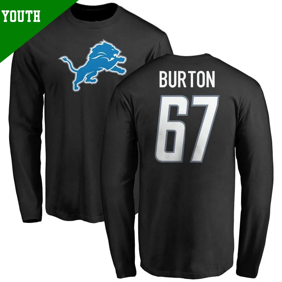 Youth ＃67 Jake Burton Detroit Lions Black Name & Number Logo Long Sleeve T-Shirt