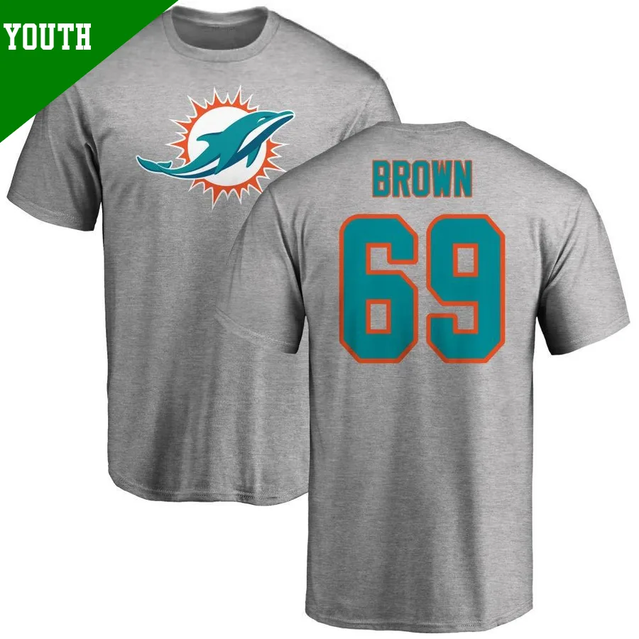 Youth ＃69 Ireland Brown Miami Dolphins Name & Number Logo T-Shirt Ash
