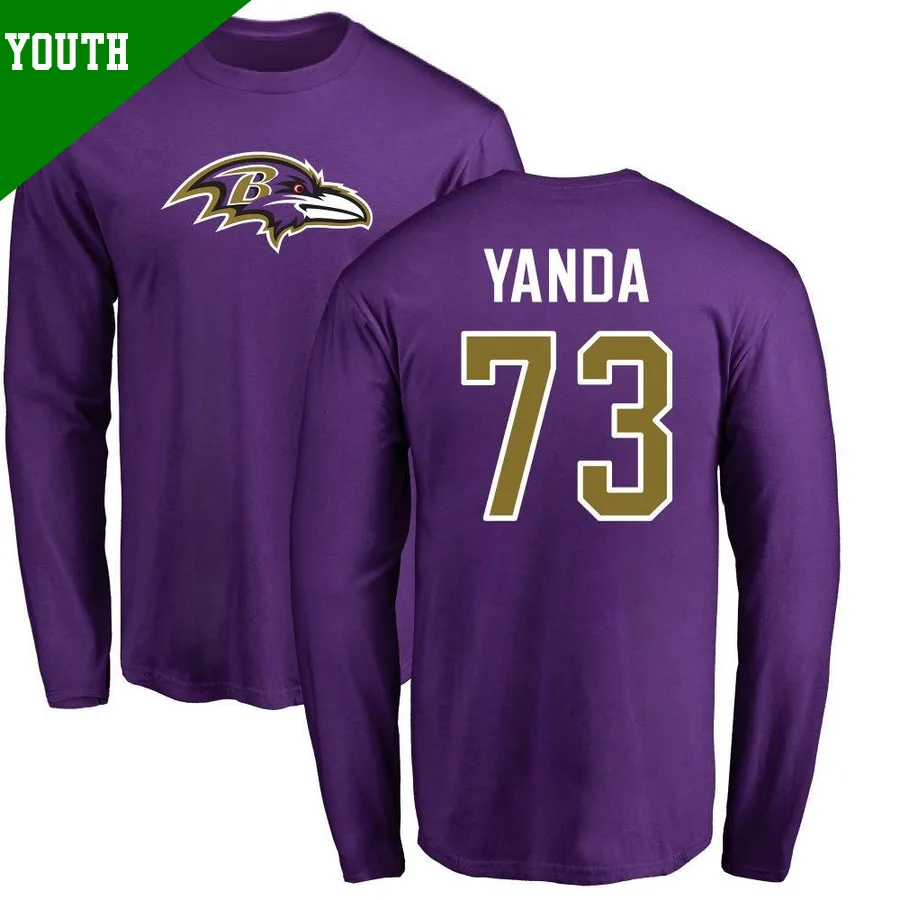 Youth ＃73 Marshal Yanda Baltimore Ravens Purple Name & Number Logo Long Sleeve T-Shirt
