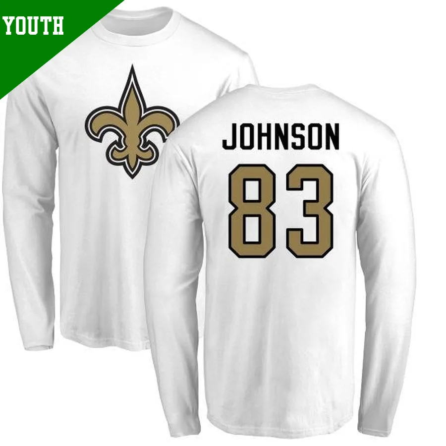 Youth ＃83 Juwan Johnson New Orleans Saints White Name & Number Logo Long Sleeve T-Shirt