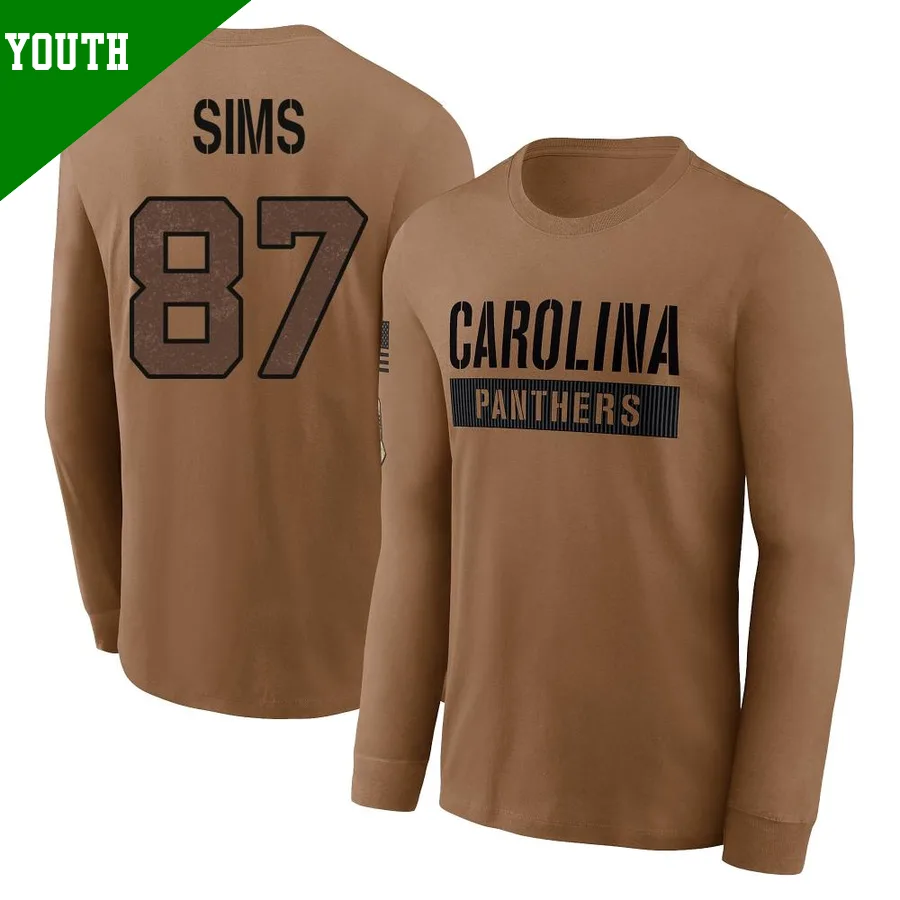 Youth ＃87 Cam Sims Carolina Panthers Brown 2023 Salute To Service Long Sleeve T-Shirt