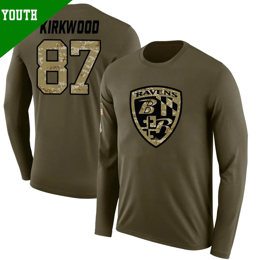 Youth ＃87 Keith Kirkwood Baltimore Ravens Olive Legend Salute to Service Sideline Long Sleeve T-Shirt