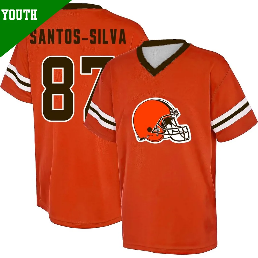 Youth ＃87 Marcus Santos-Silva Cleveland Browns Orange Game Name & Number Day V-Neck T-Shirt