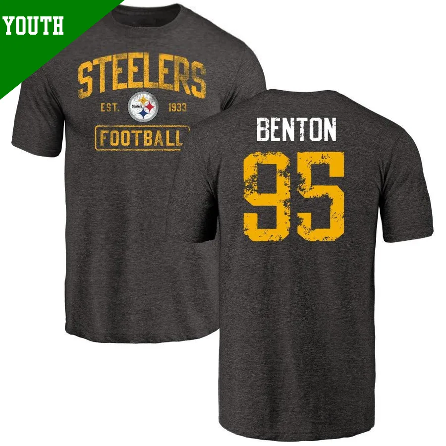 Youth ＃95 Keeanu Benton Pittsburgh Steelers Black Distressed Name & Number T-Shirt