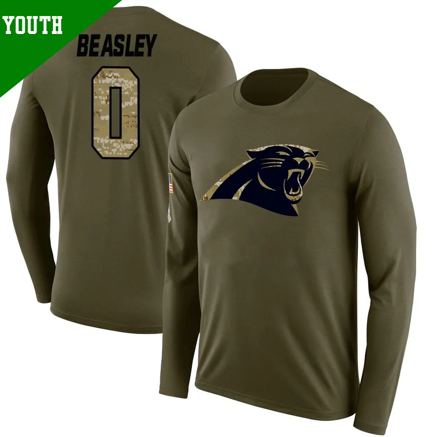 Youth Aaron Beasley Carolina Panthers Olive Legend ＃0 Salute to Service Sideline Long Sleeve T-Shirt