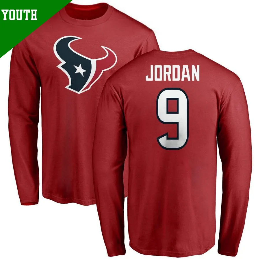 Youth Brevin Jordan Houston Texans Red ＃9 Name & Number Logo Long Sleeve T-Shirt