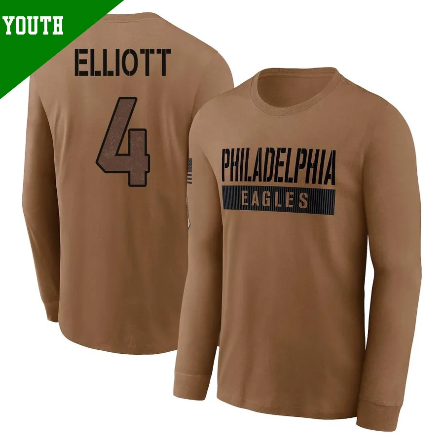Youth Jake Elliott Philadelphia Eagles Brown ＃4 2023 Salute To Service Long Sleeve T-Shirt